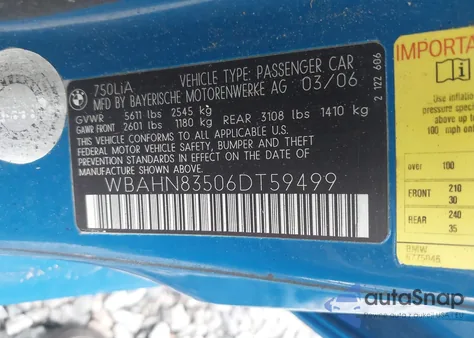 2006 BMW 750Li from USA, damaged, VIN WBAHN83506DT59499